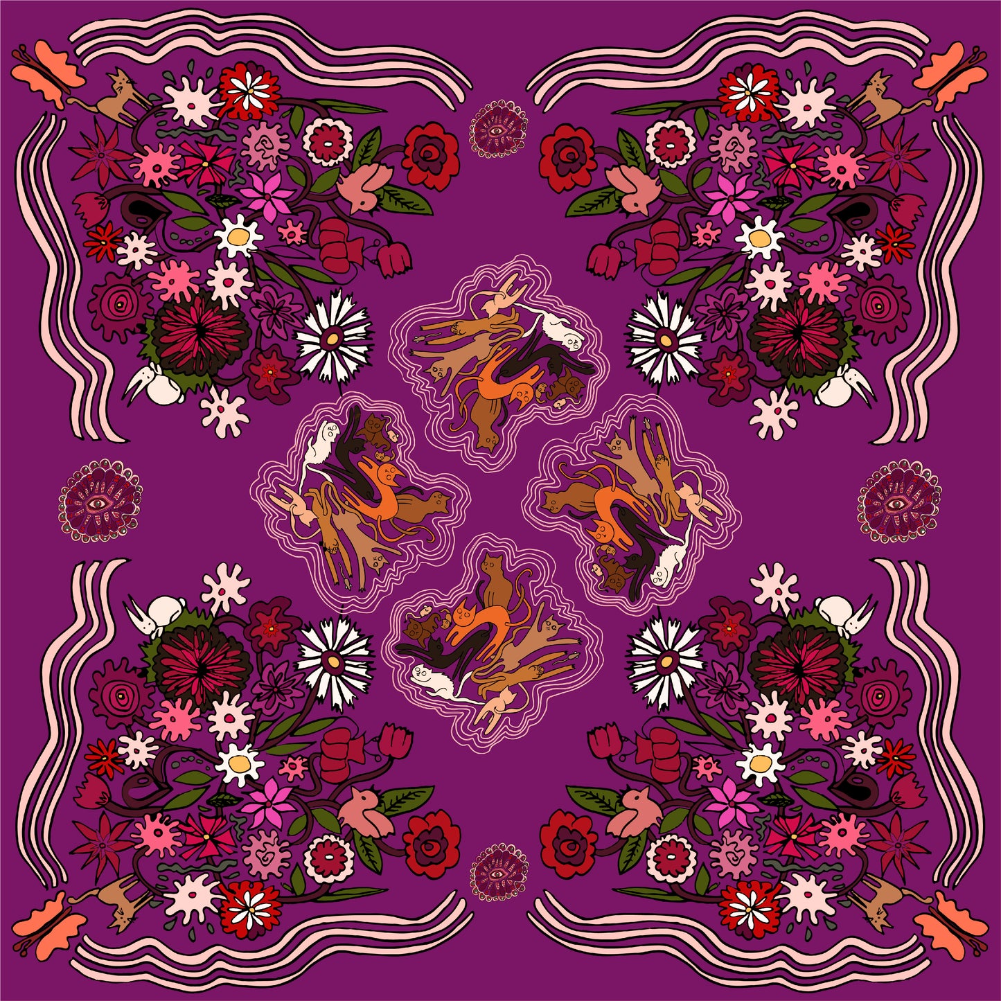 Foulard Jardin des chats - Amarante