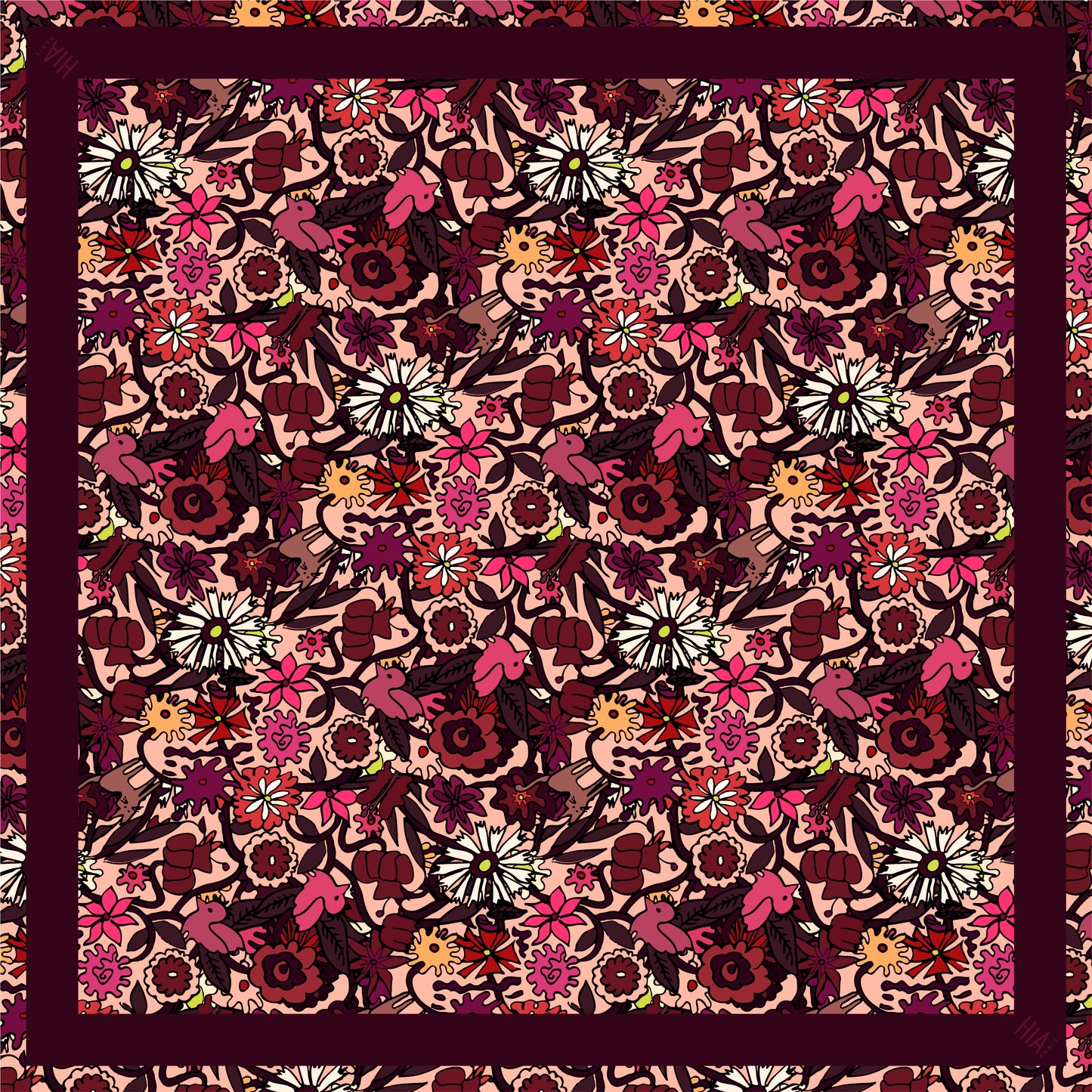 Foulard Jardin en fleurs - lie de vin